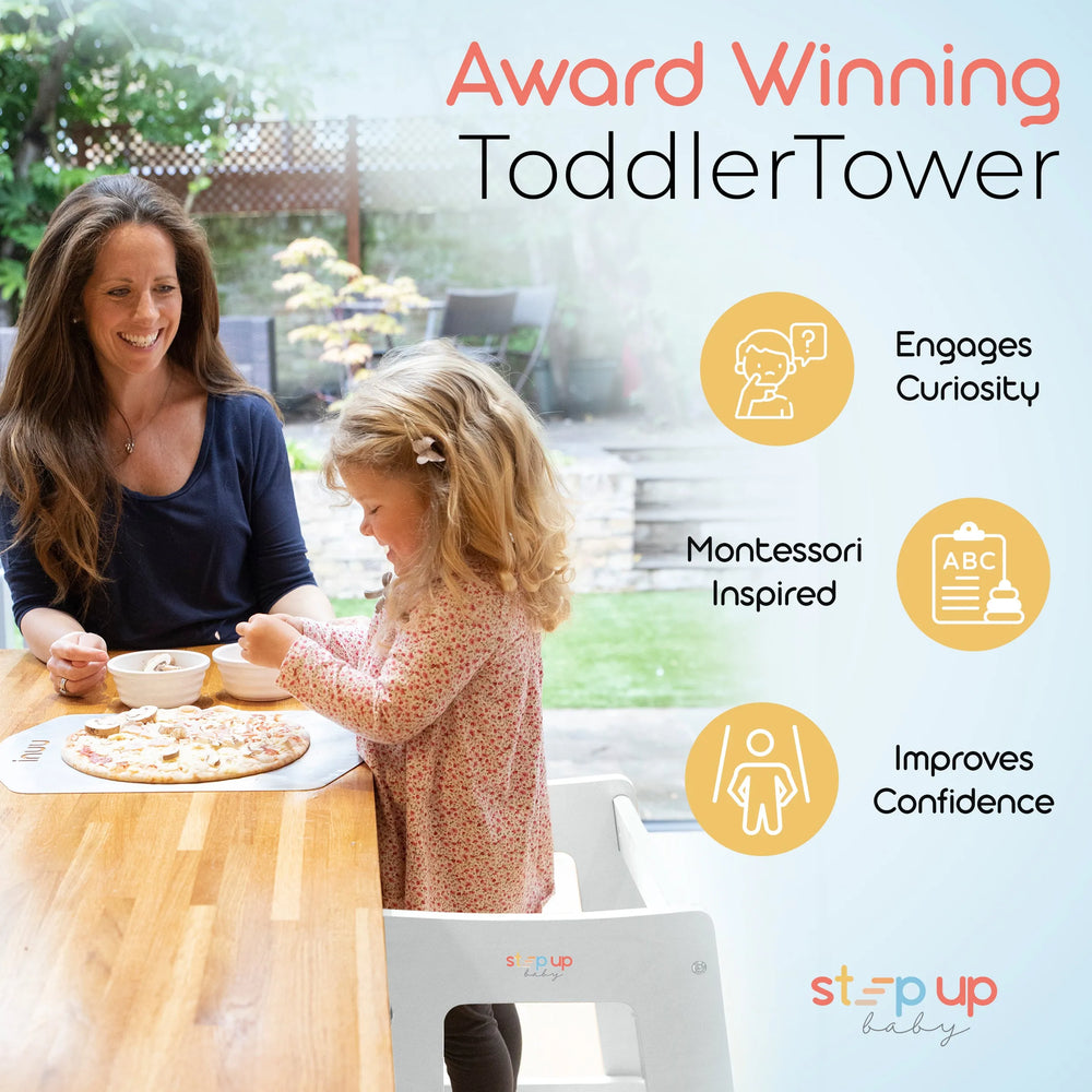 image showing a child in white toddler tower cooking highlighting its key features